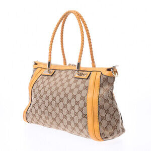 Gucci Bamboo GG Calf Handbag Yellow Canvas Bella Tan Leather Beige Bag